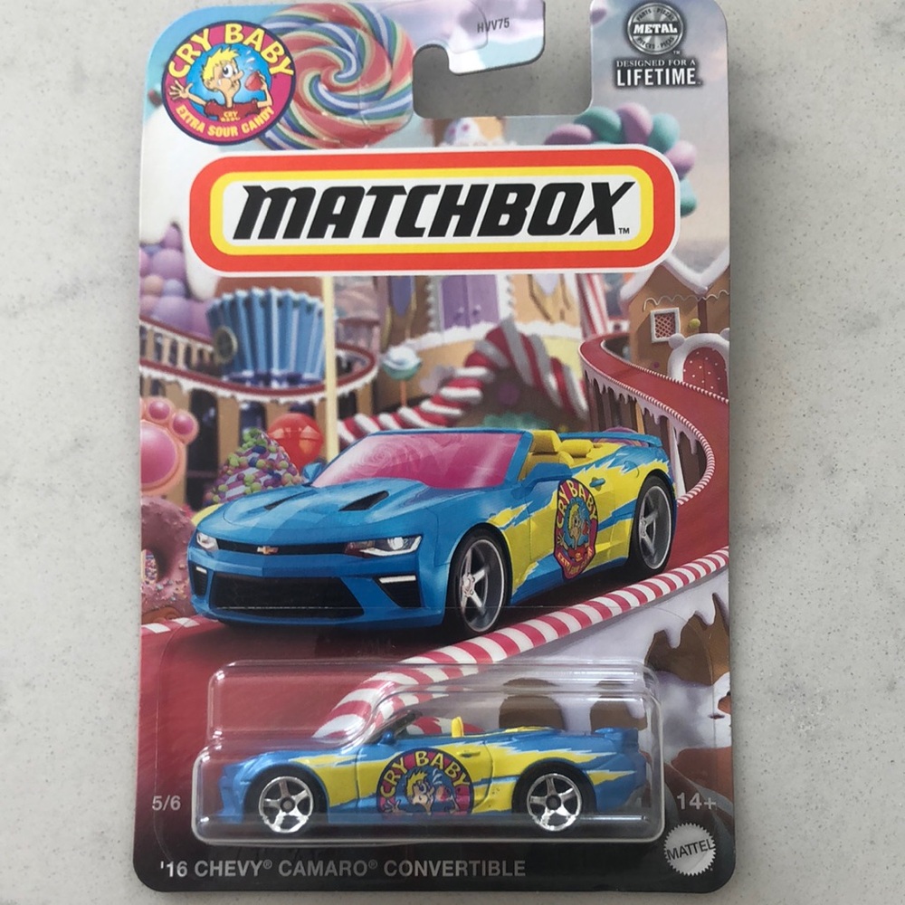 Matchbox Blue and Yellow '16 Chevy Camaro Convertible Toy Car